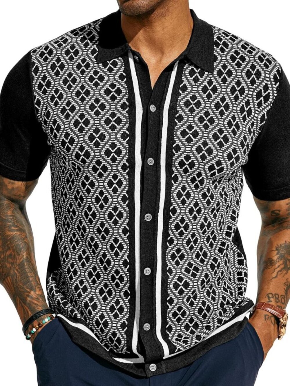 Men's Black 70s Vintage Polo Contrast Knitted Retro Top Casual Shirt